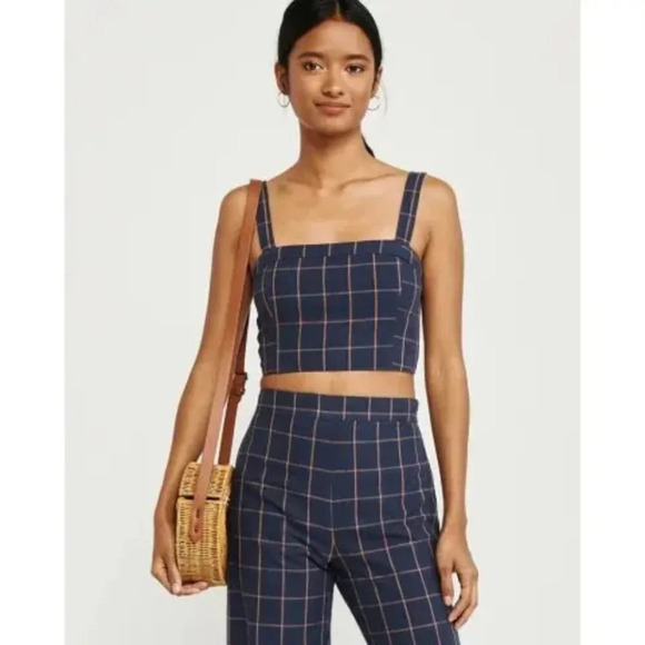 Abercrombie & Fitch Linen Blend Plaid SET Tie Back Crop Top Wide Leg Crop Pant S - Picture 1 of 11